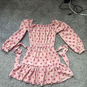 Pink over the shoulder polka dot dress